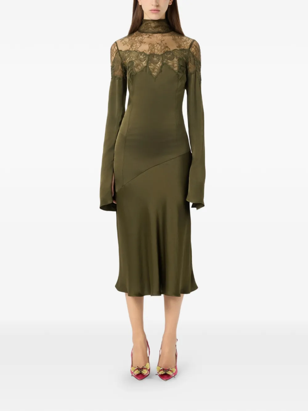 Blumarine Midi-jurk met hoge hals en kantdetail Groen