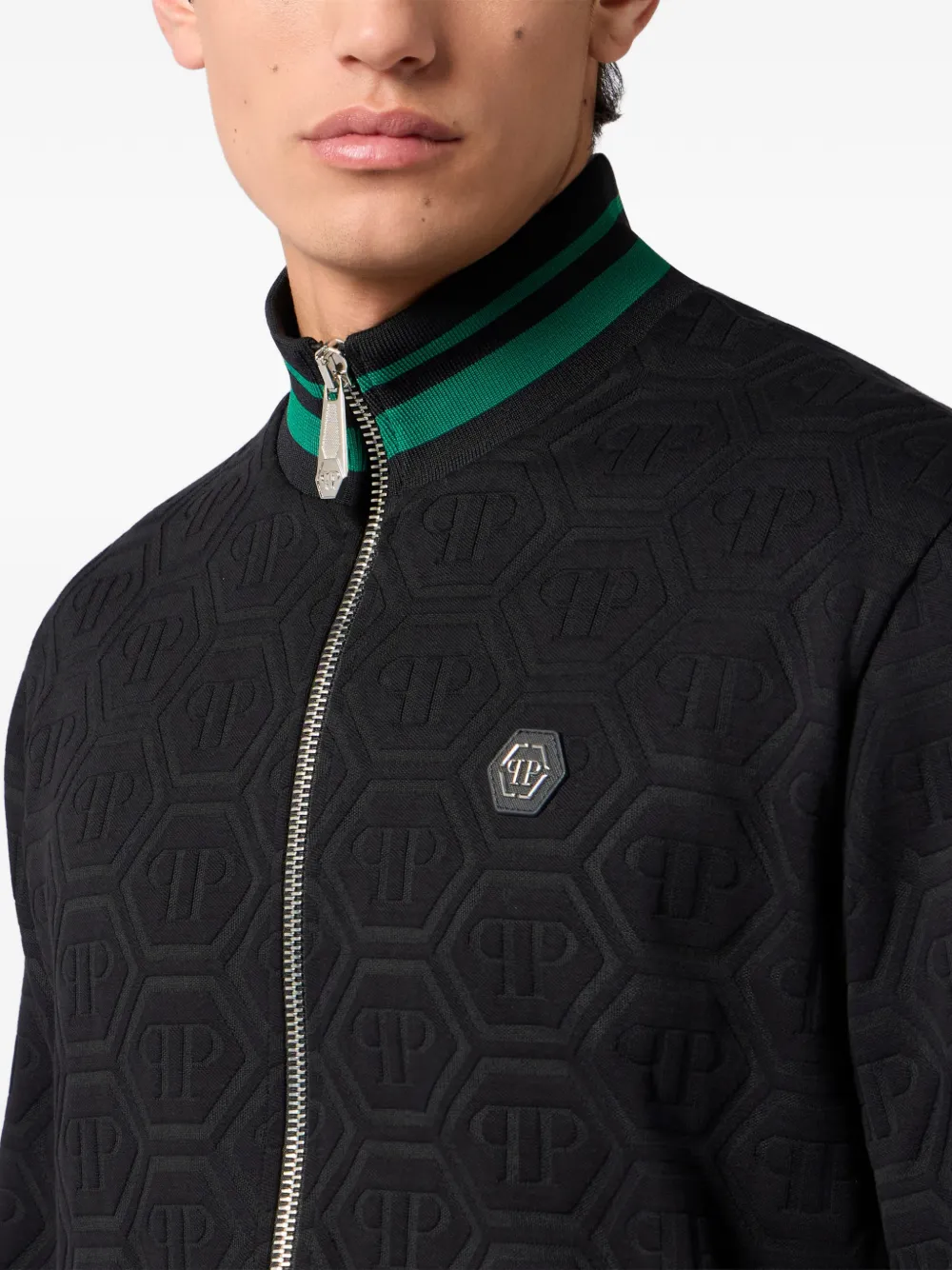 Philipp Plein Sweater met monogram jacquard en rits Zwart