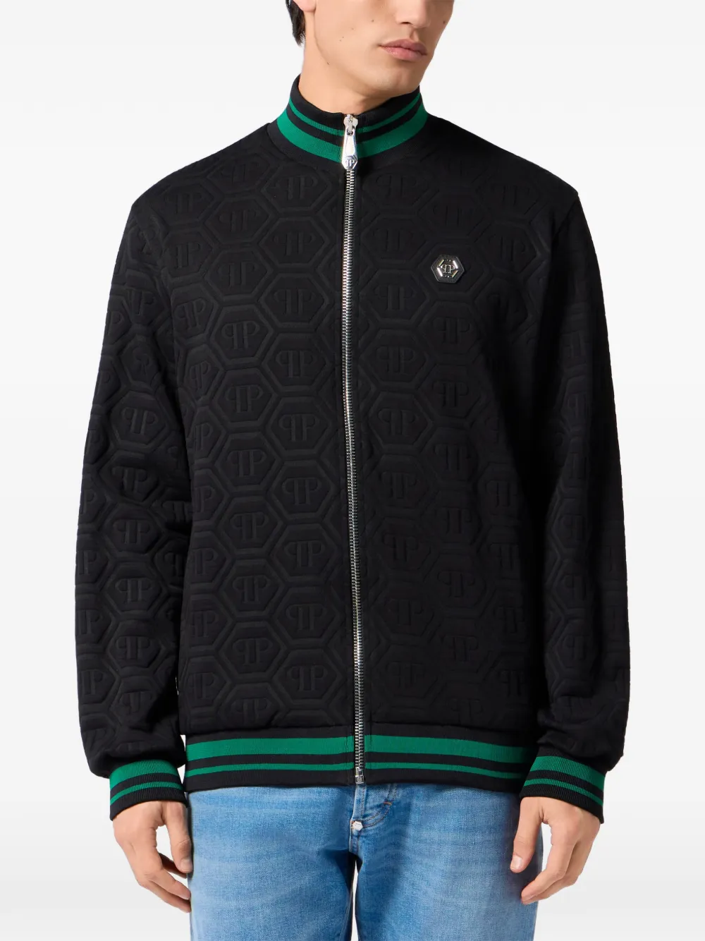 Philipp Plein Sweater met monogram jacquard en rits Zwart