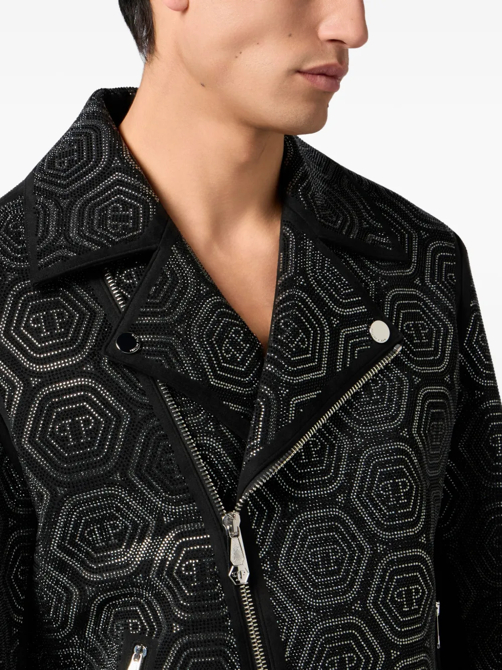 Philipp Plein Bikerjack met monogram Zwart