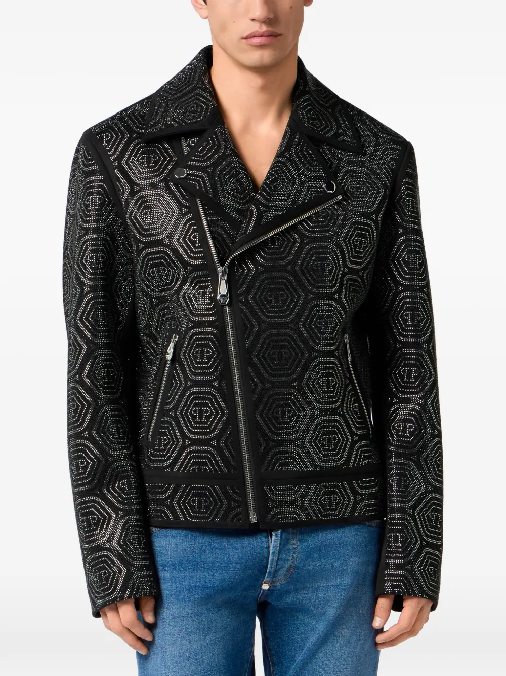  Philipp Plein Monogram Stone Biker Jacket - Black 