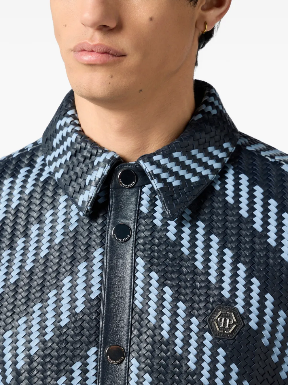 Philipp Plein Geweven leren gestreept overhemd met korte mouwen Blauw