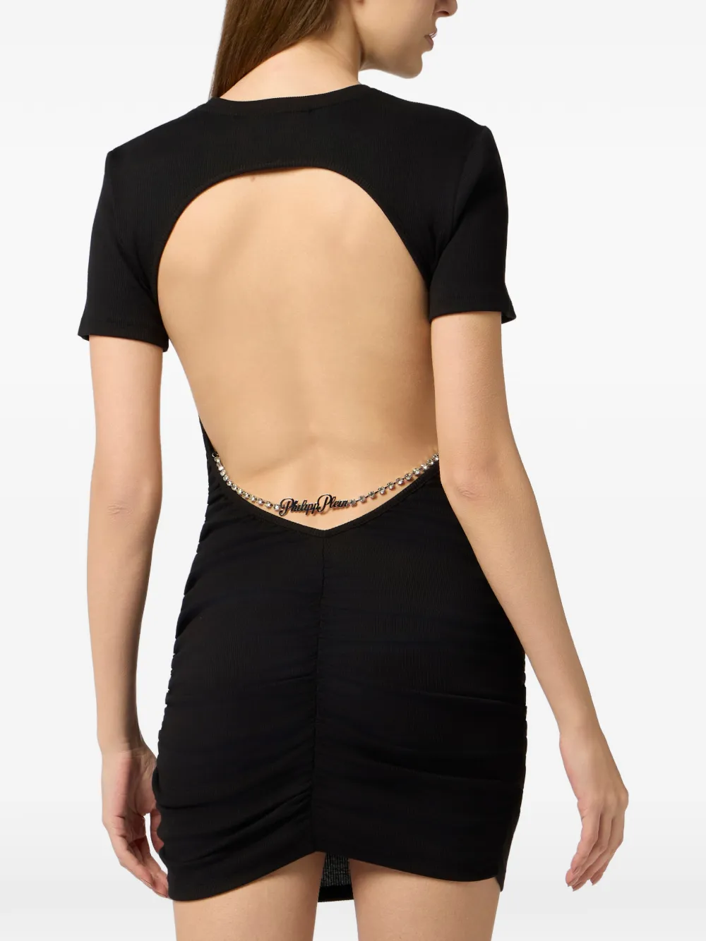 Philipp Plein T-shirtjurk met open rug en kenmerkende hanger Zwart