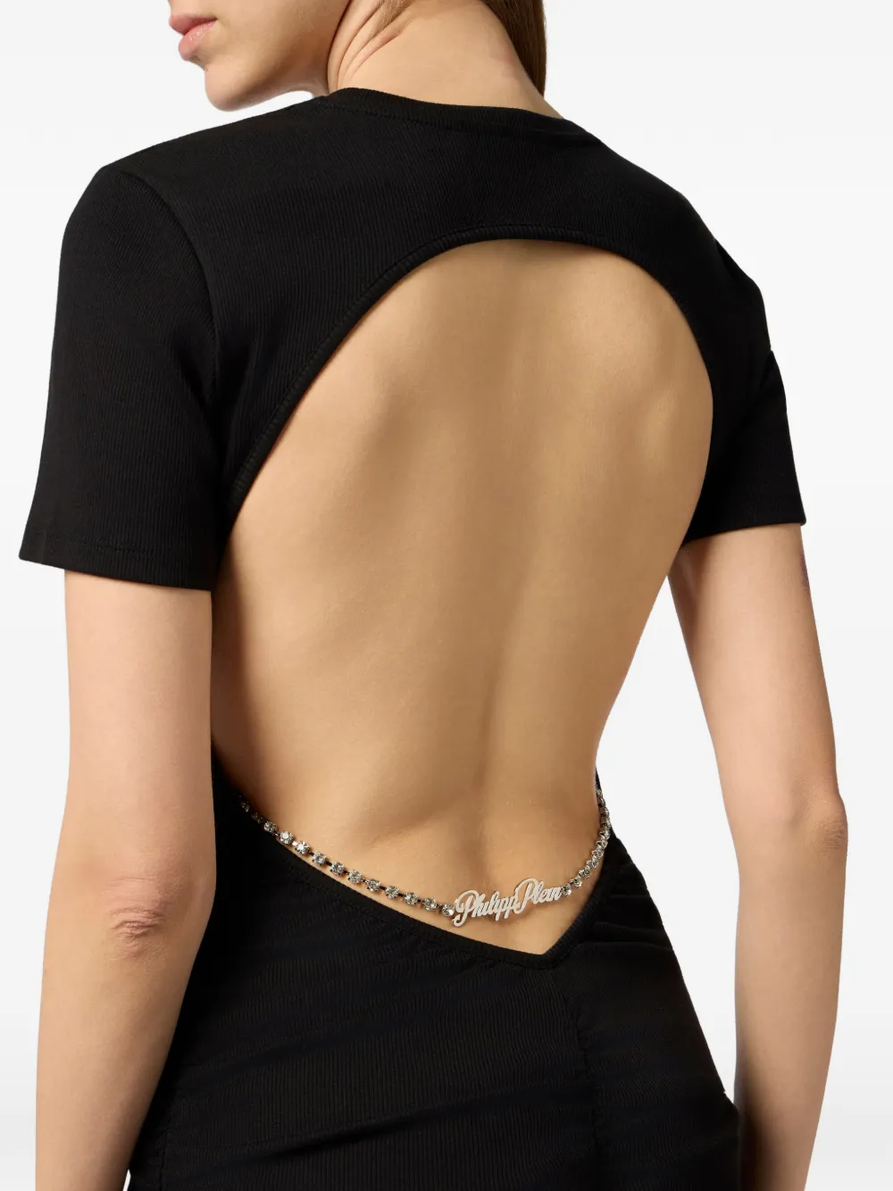 Philipp Plein T-shirtjurk met open rug en kenmerkende hanger Zwart