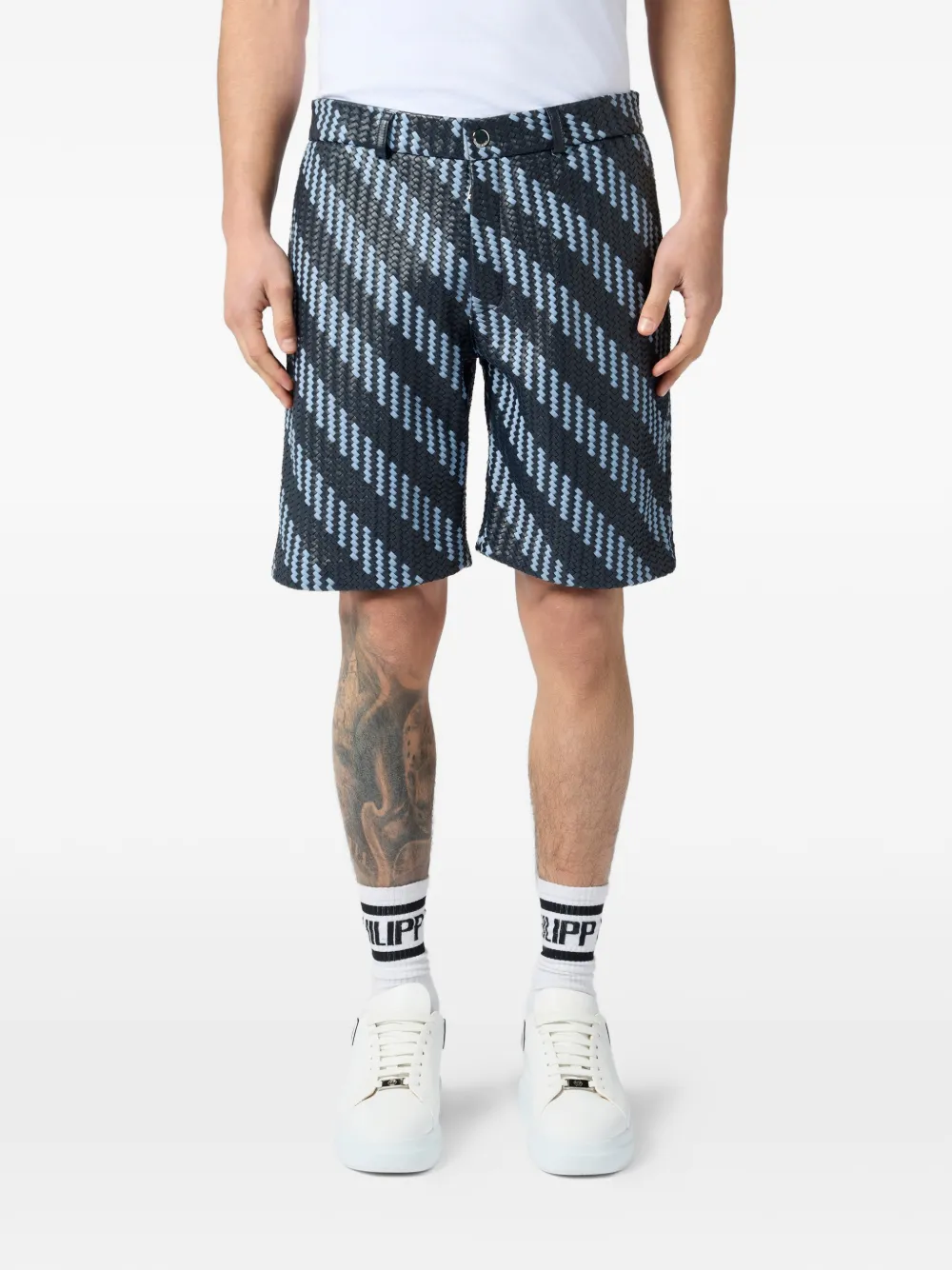 Philipp Plein Leren shorts met geweven strepen Zwart