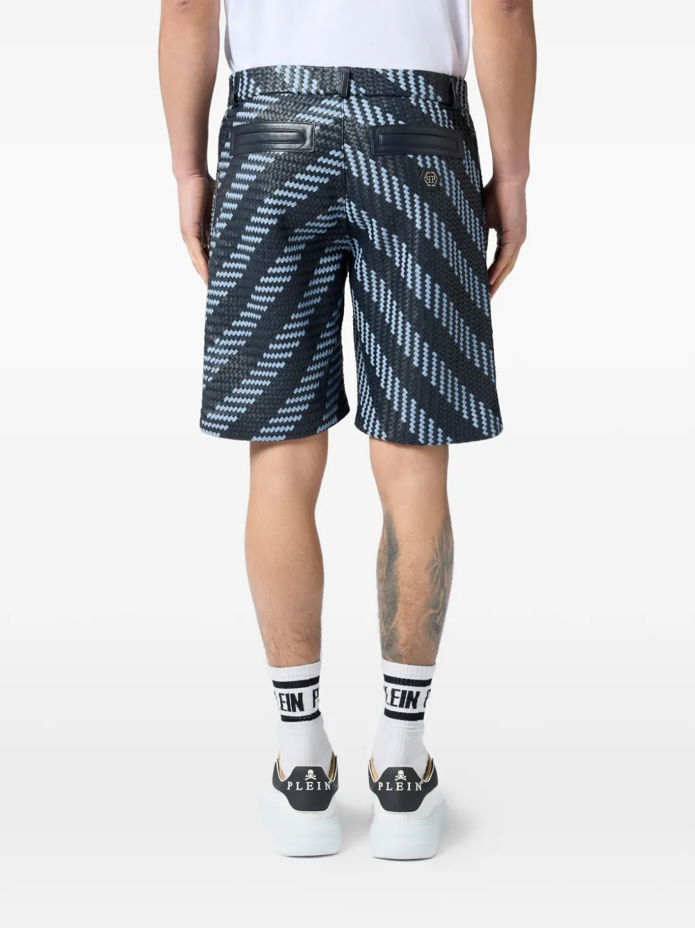 Philipp Plein Leren shorts met geweven strepen Zwart