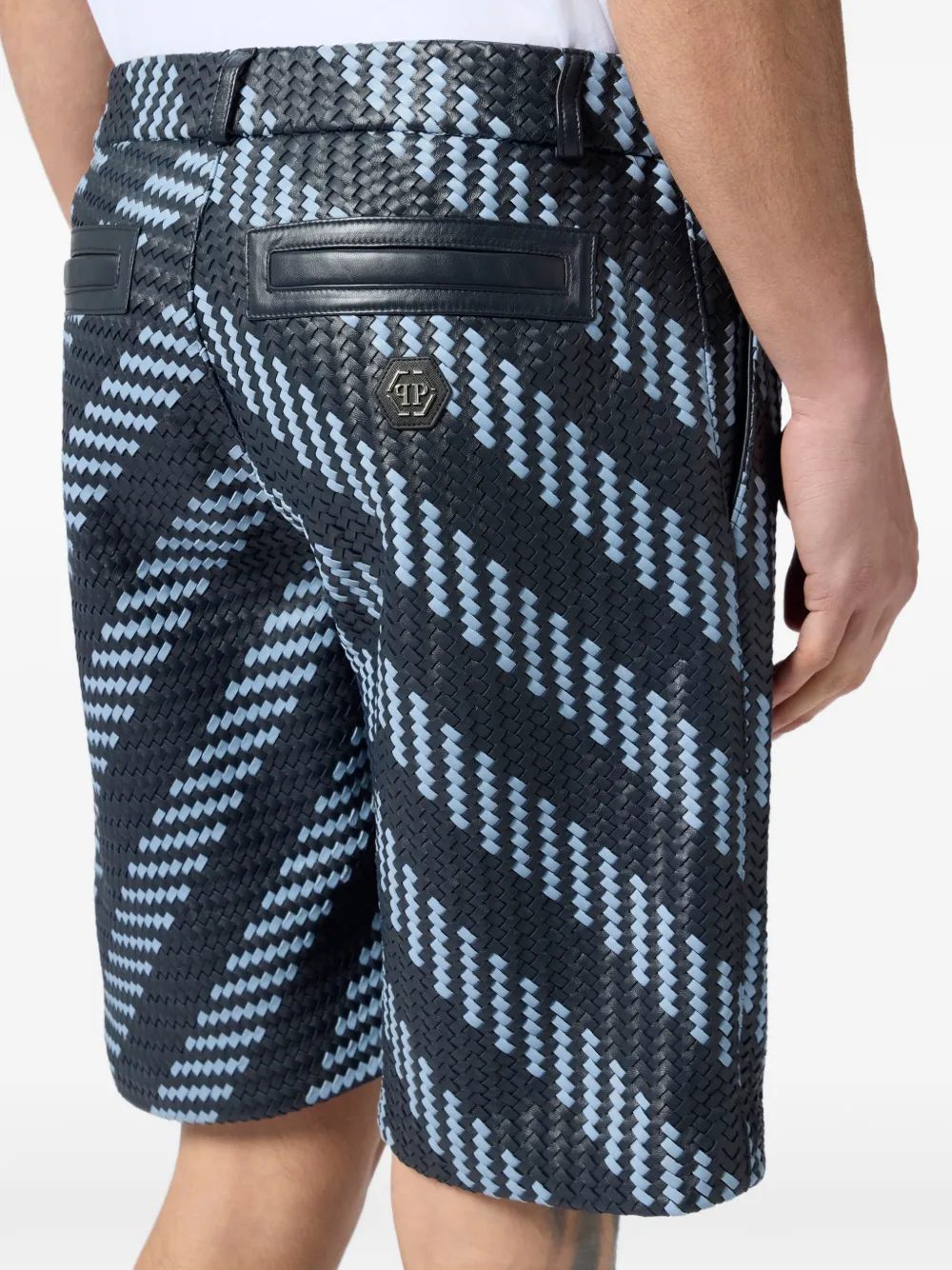 Philipp Plein Leren shorts met geweven strepen Zwart