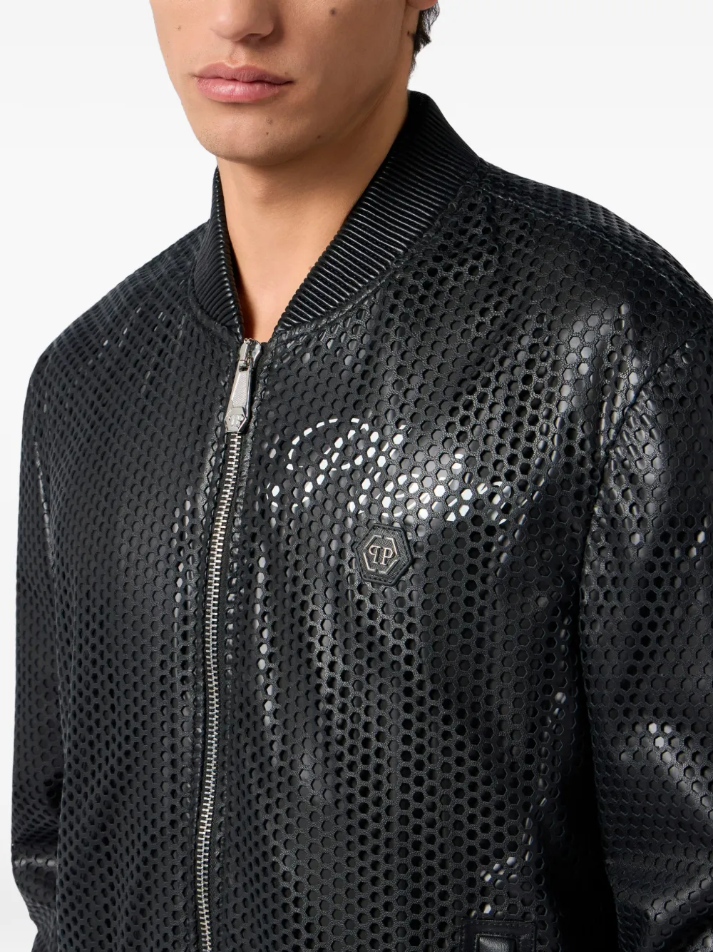 Philipp Plein Leren bomberjack met geperforeerde details Zwart