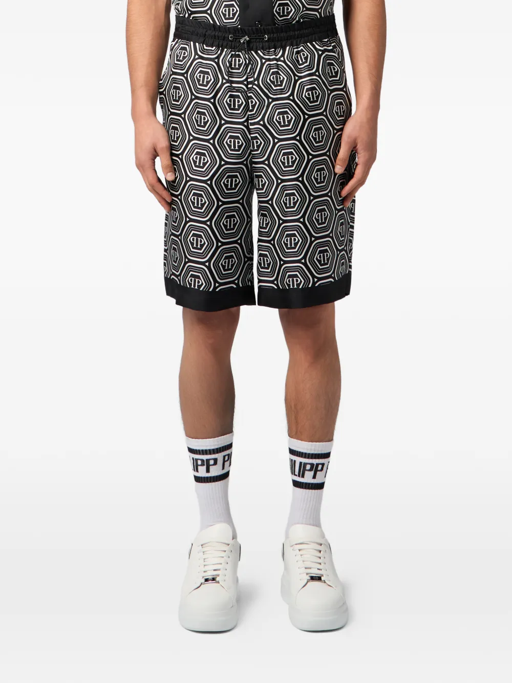 Philipp Plein Zijden shorts met trekkoord en monogram Zwart