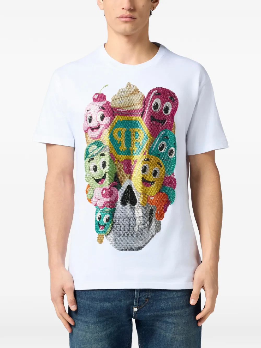 Philipp Plein Ice Cream Skull T-shirt met ronde hals Wit