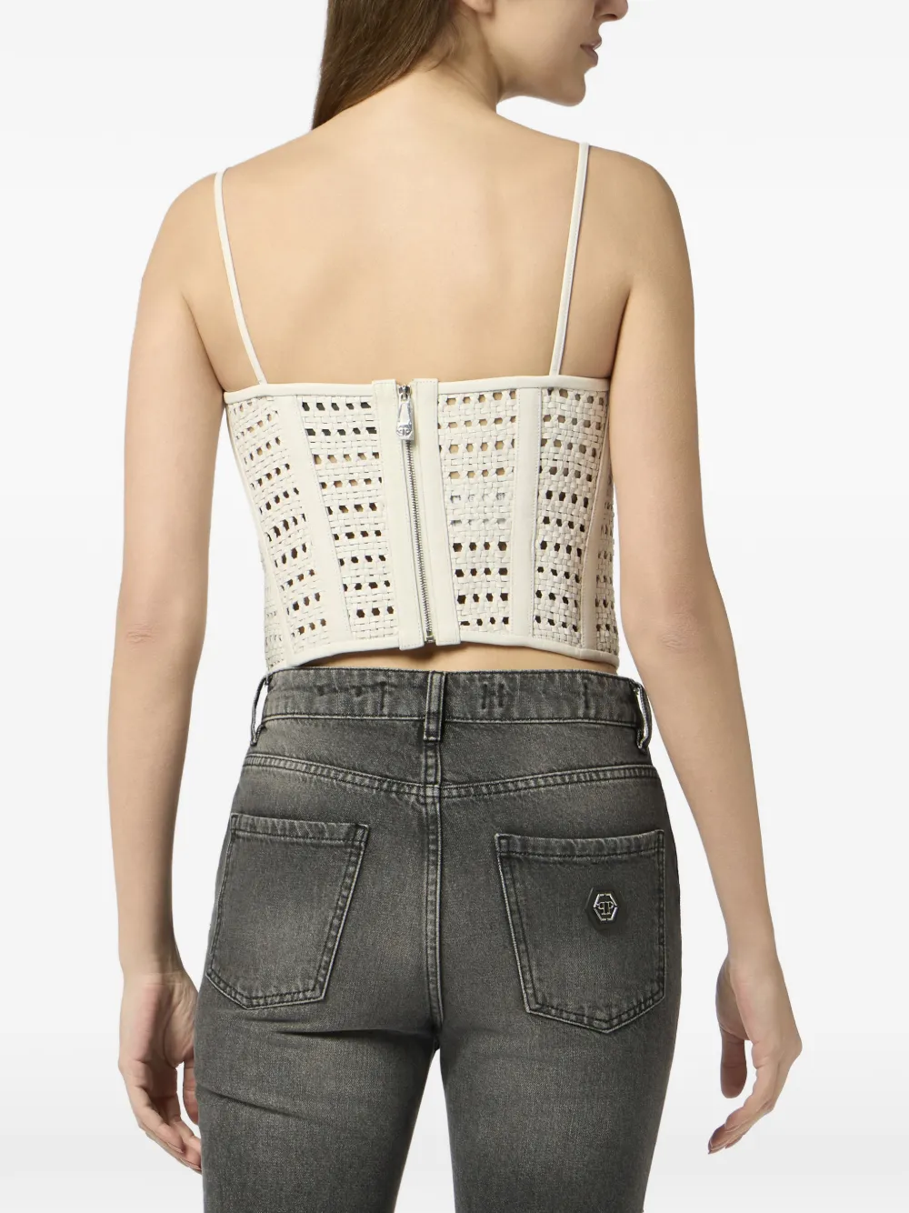 Philipp Plein Geweven leren bustier Beige