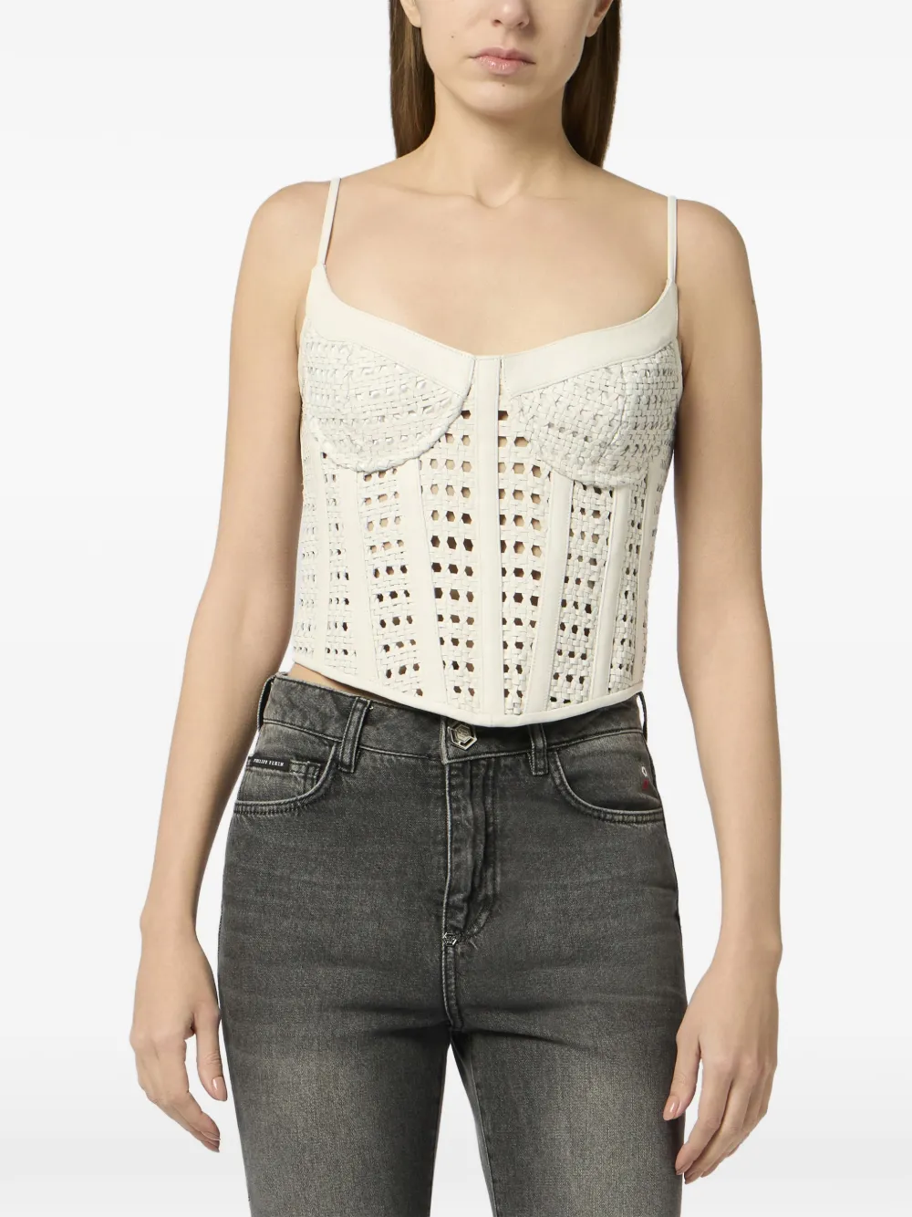 Philipp Plein Geweven leren bustier Beige