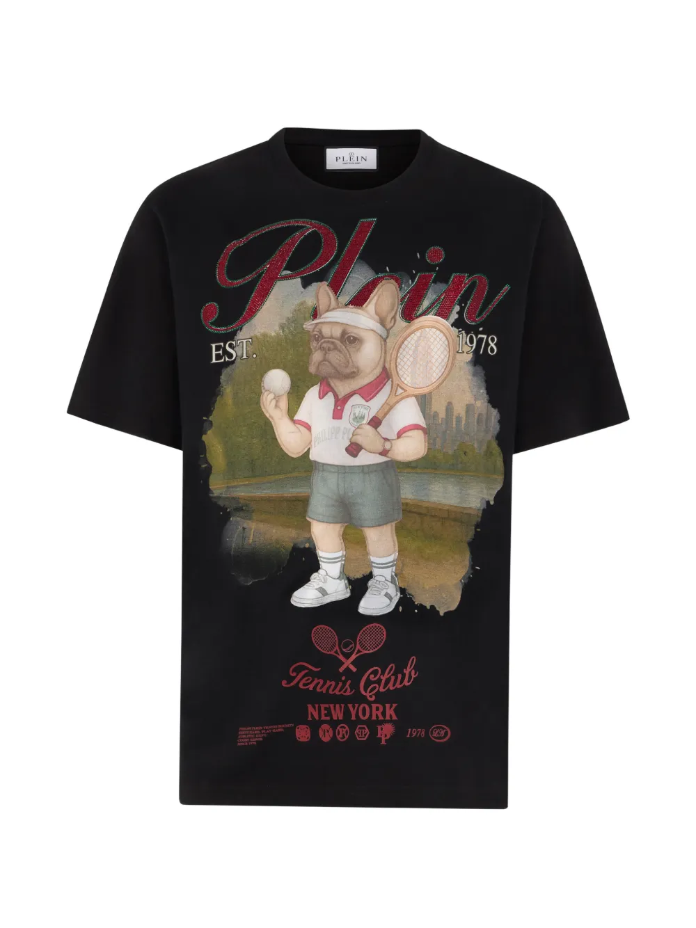Philipp Plein T-Shirt mit rundem Ausschnitt und Bulldog-Grafik - Schwarz