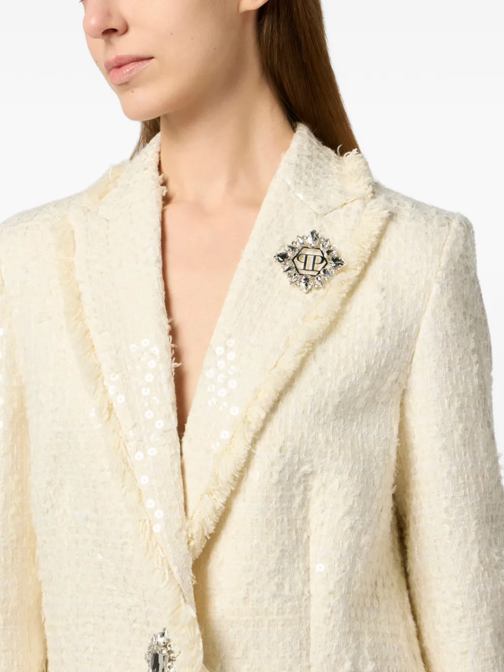 Philipp Plein Tweed boyfriend-fit blazer met pailletten Beige