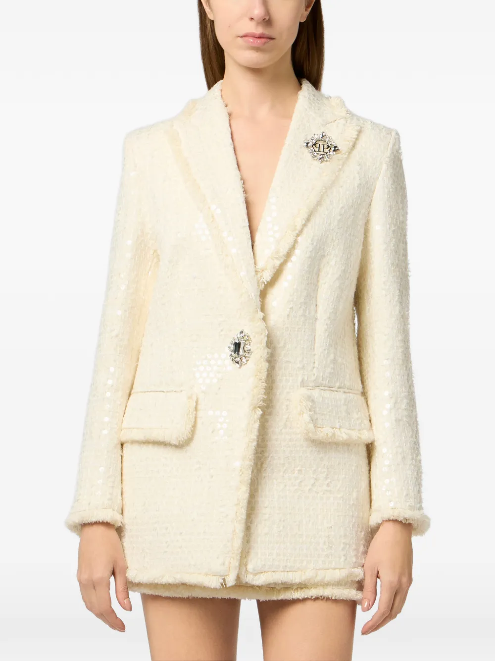  Philipp Plein Paillettes Tweed Blazer - Neutrals 