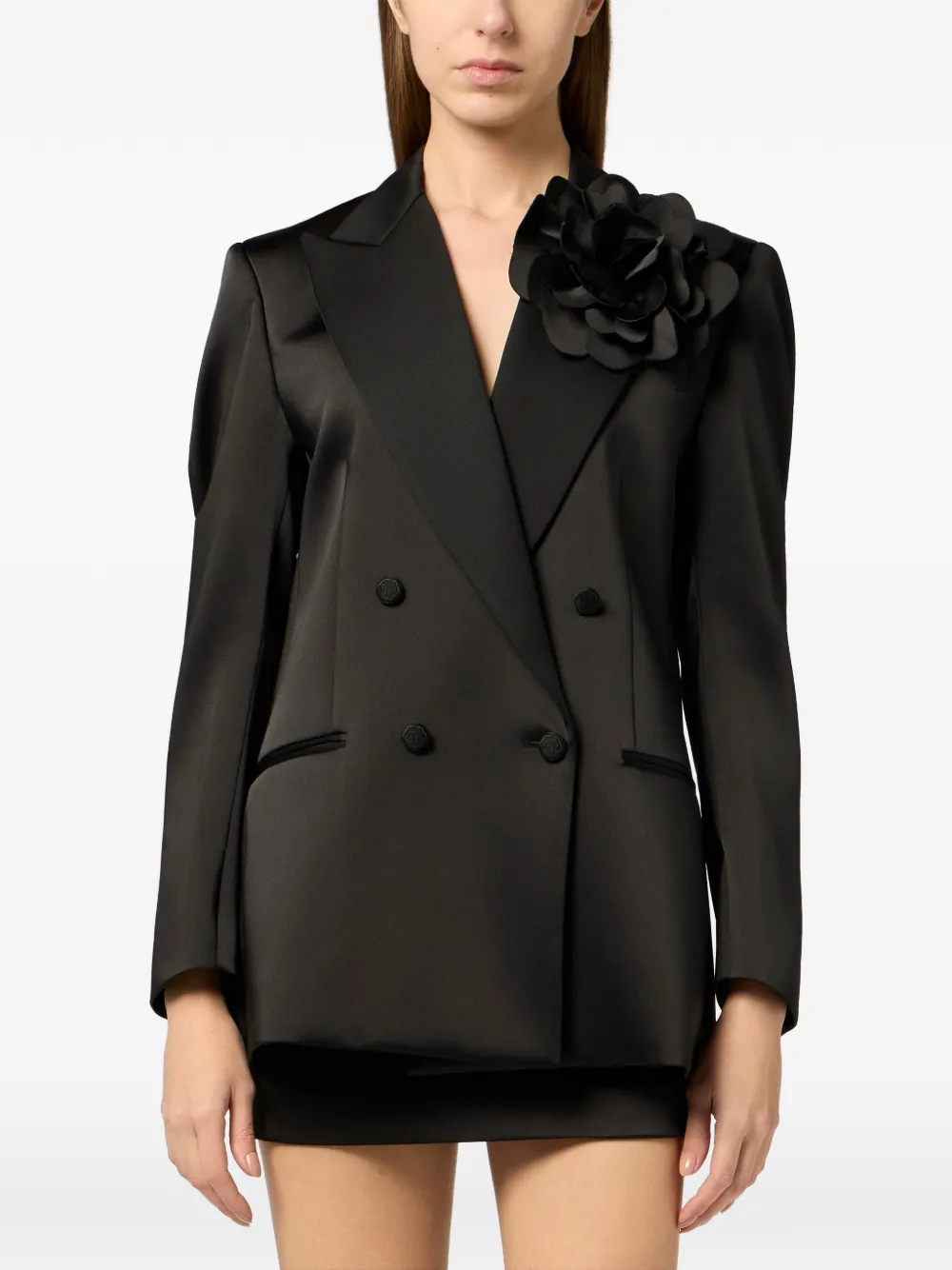  Philipp Plein Double-breasted Satin Blazer - Black 
