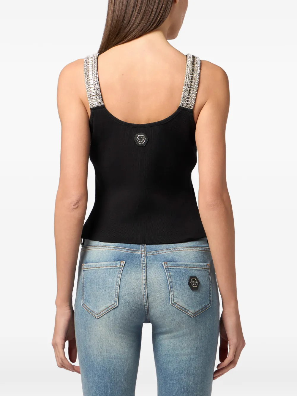 Philipp Plein Hexagon geribbelde tanktop met stras Zwart