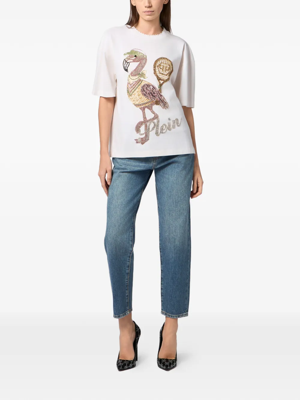 Philipp Plein T-shirt met open rug van kristallen Wit