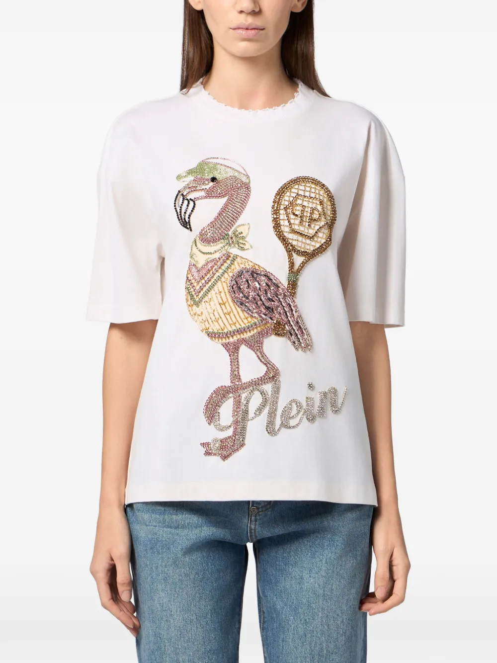 Philipp Plein T-shirt met open rug van kristallen Wit