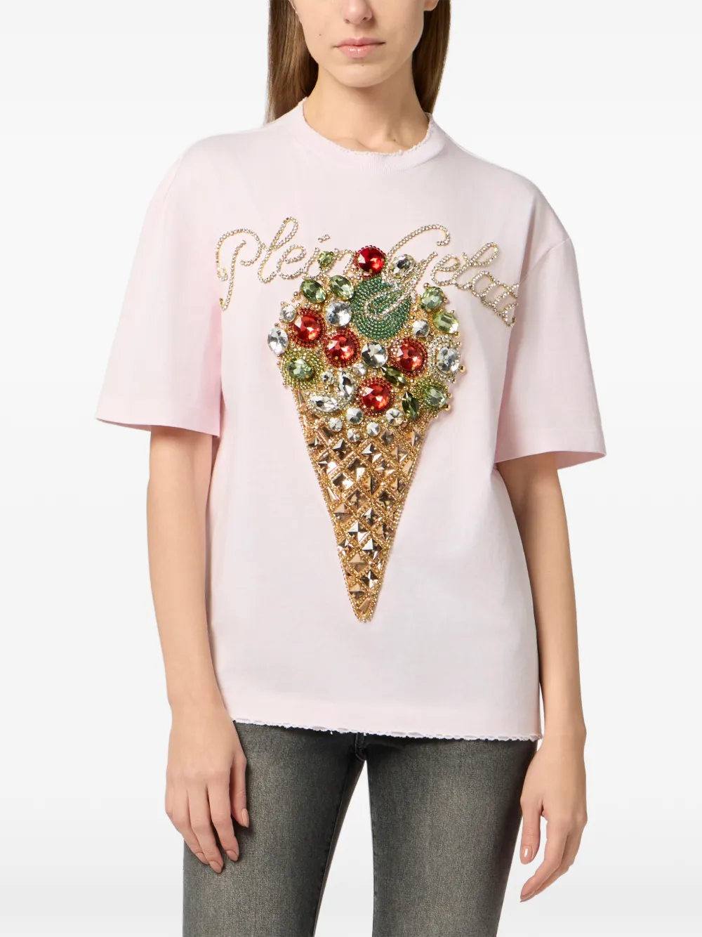 Philipp Plein T-shirt verfraaid met kristallen Roze