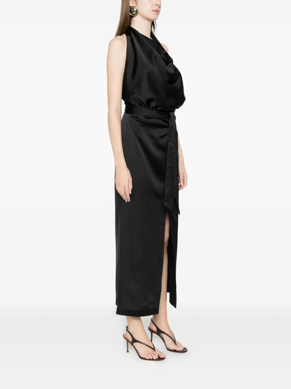  Imperial Tie-waist Slit Midi Dress - Black 