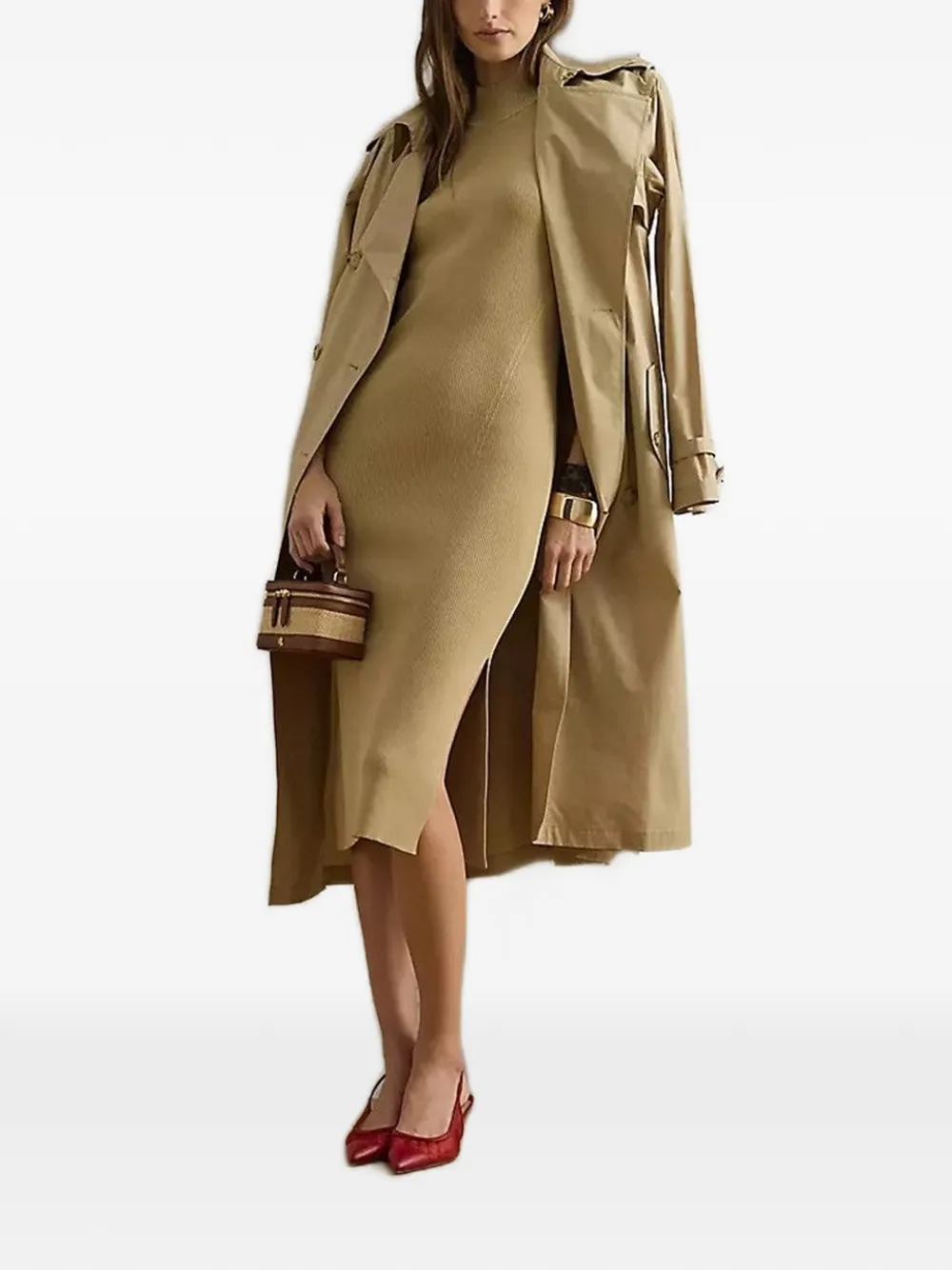 Lauren Ralph Lauren Geribbelde jurk met ronde hoge hals Beige