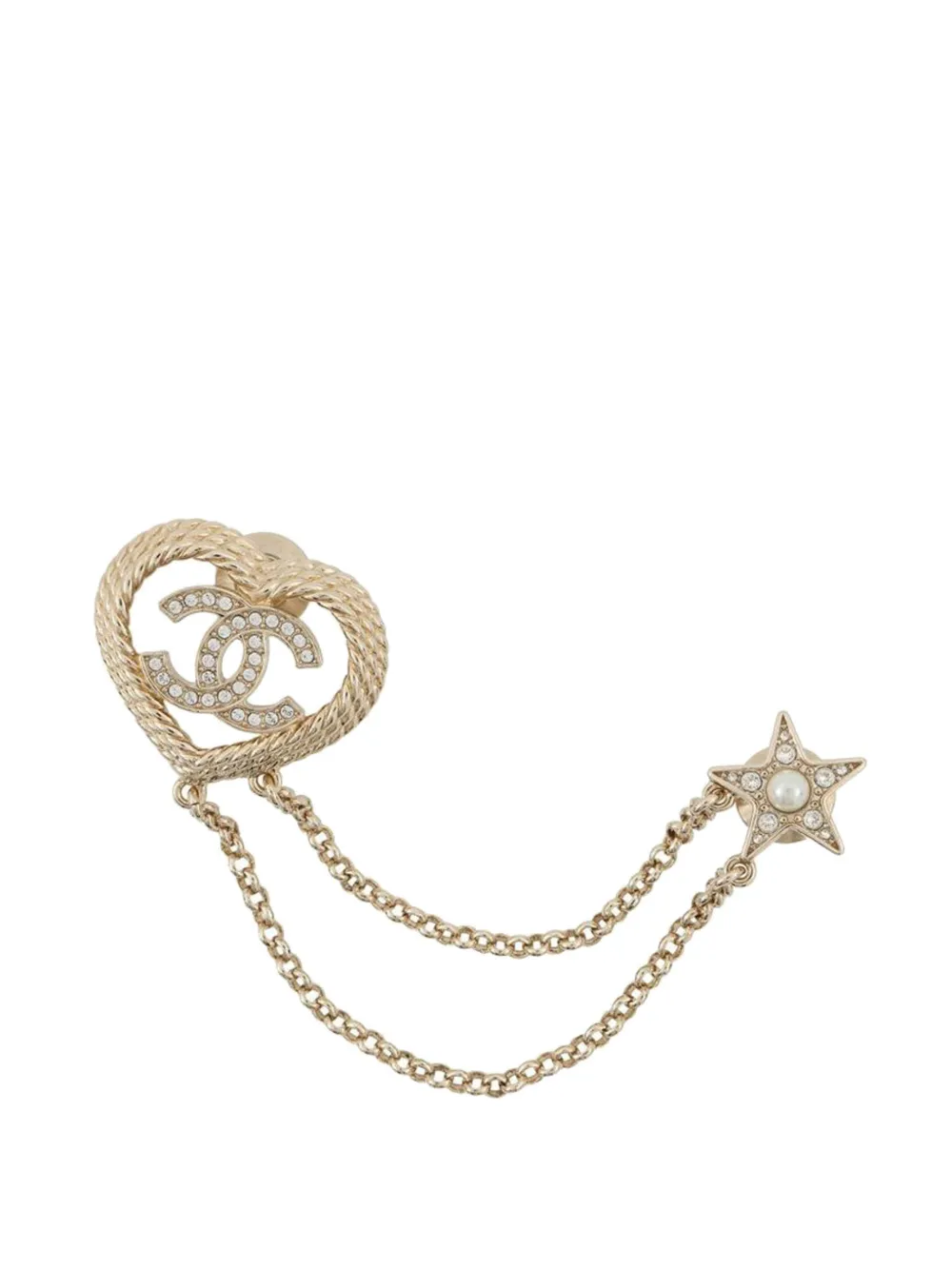 CHANEL Pre-Owned 2024 CC Gold Plated Rhinestone Faux Pearl Heart Star Double Brooch costume brooch - Oro
