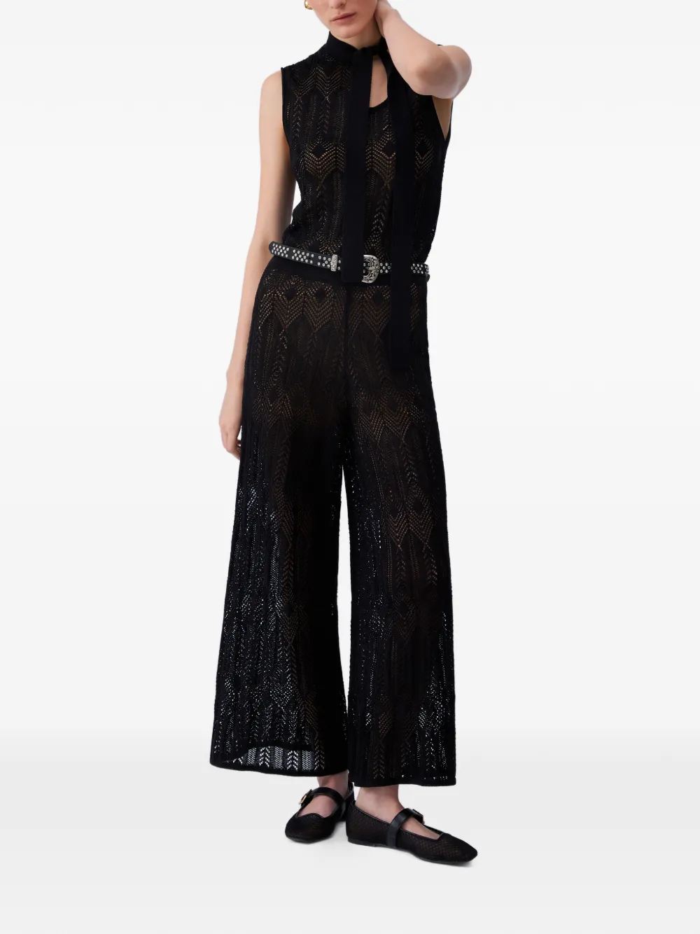  Liu Jo Openwork Bow-collar Knit Top - Black 