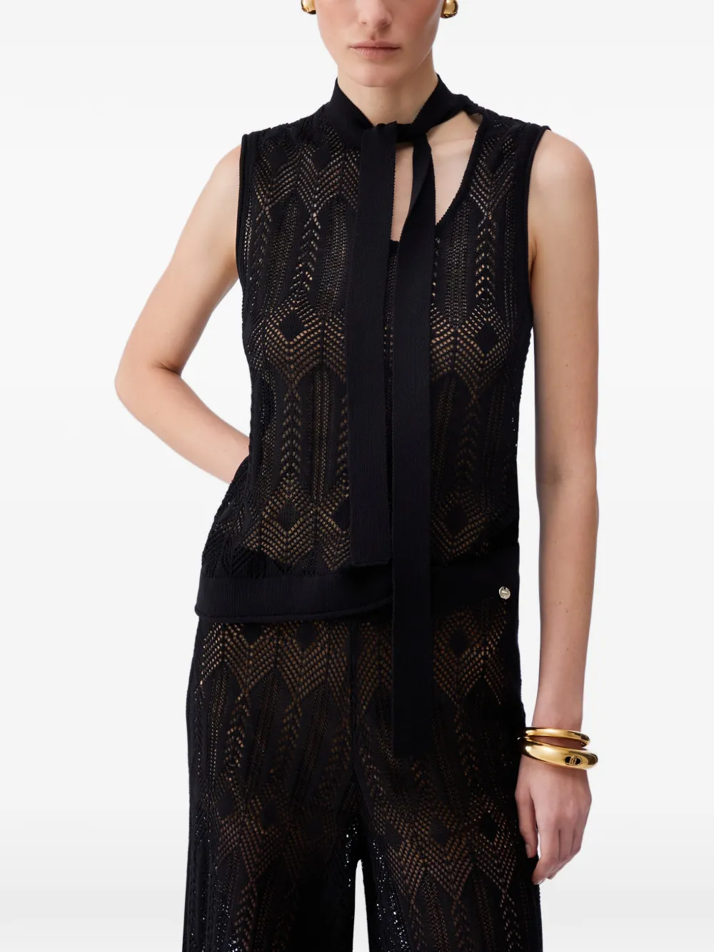  Liu Jo Openwork Bow-collar Knit Top - Black 