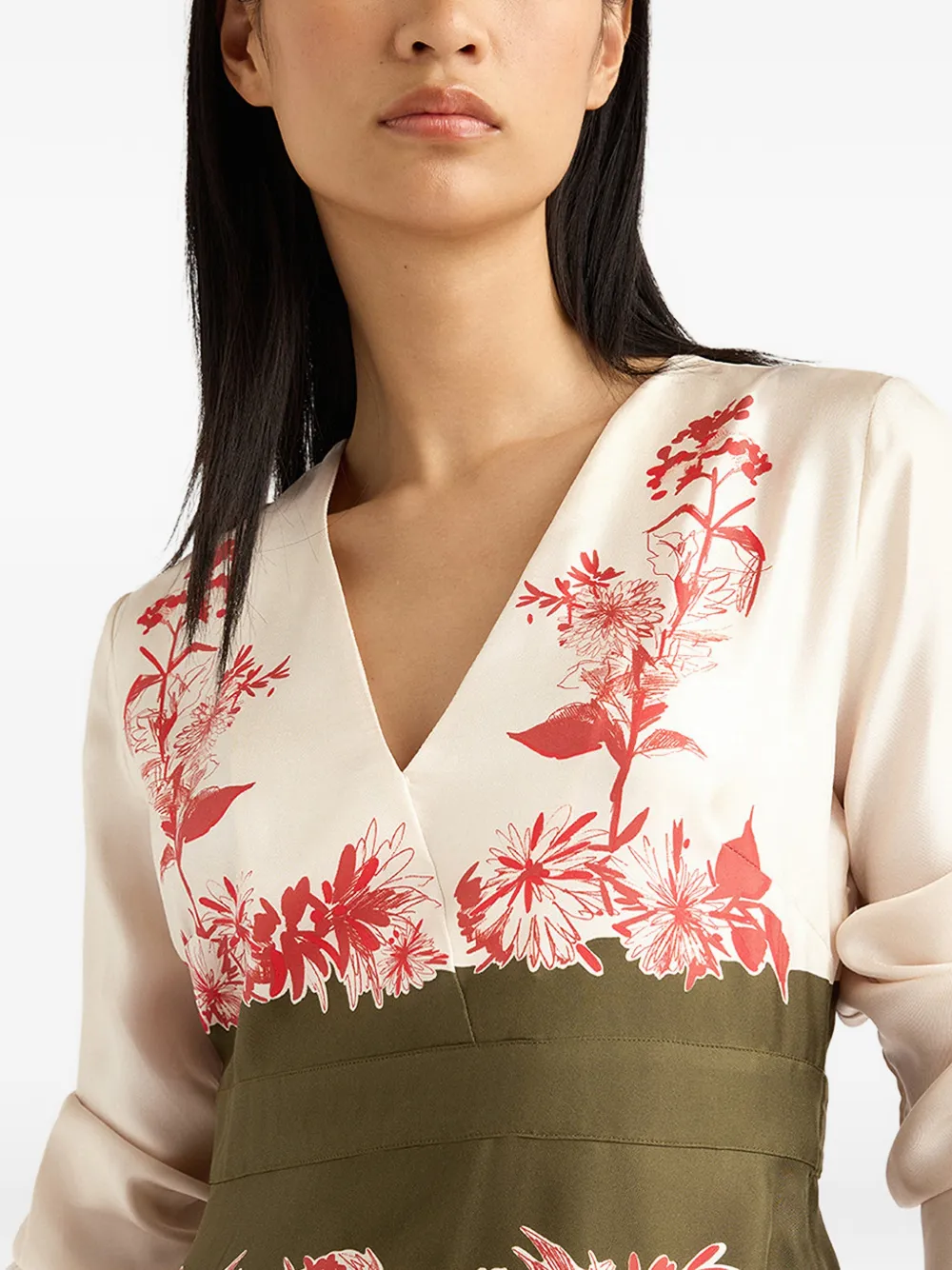 MOMONÌ Pilar midi-jurk met bloemenprint en V-hals Beige