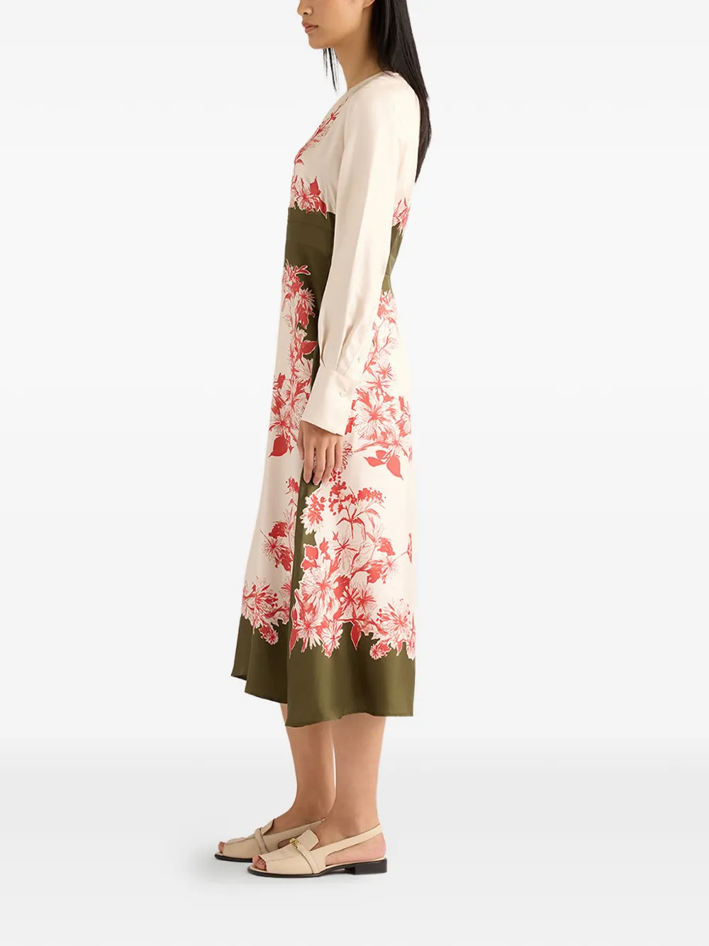 MOMONÌ Pilar midi-jurk met bloemenprint en V-hals Beige