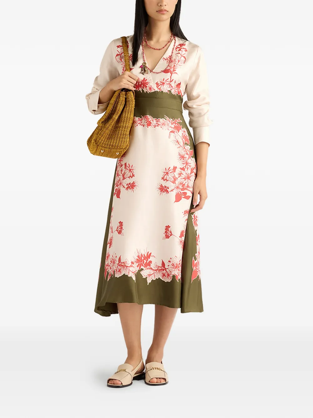 MOMONÌ Pilar midi-jurk met bloemenprint en V-hals Beige