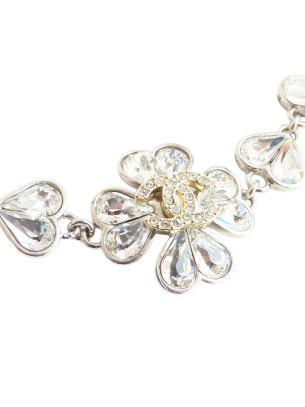  Chanel Pre-owned 2023 Cc Gold And Silver Plated Crystals Heart And Clover Charm Pendant Necklace Costume Necklace 