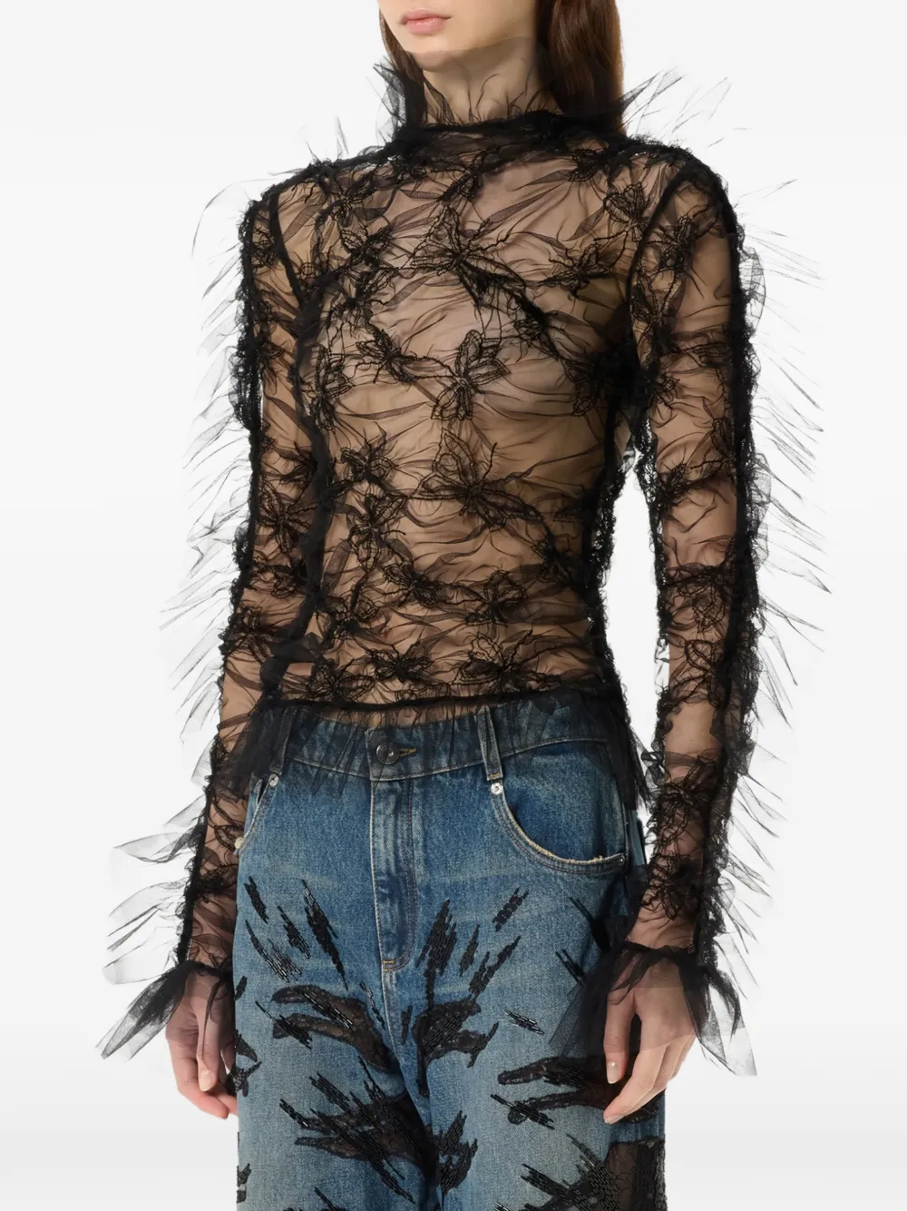 Blumarine Top met vlinderpatroon en ruches Zwart