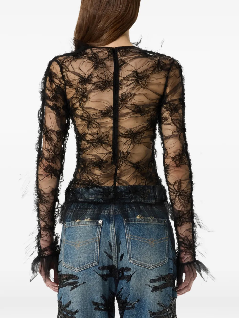 Blumarine Top met vlinderpatroon en ruches Zwart