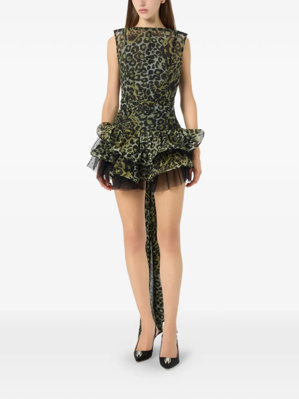 Blumarine Georgette top met dierenprint en ruches Groen