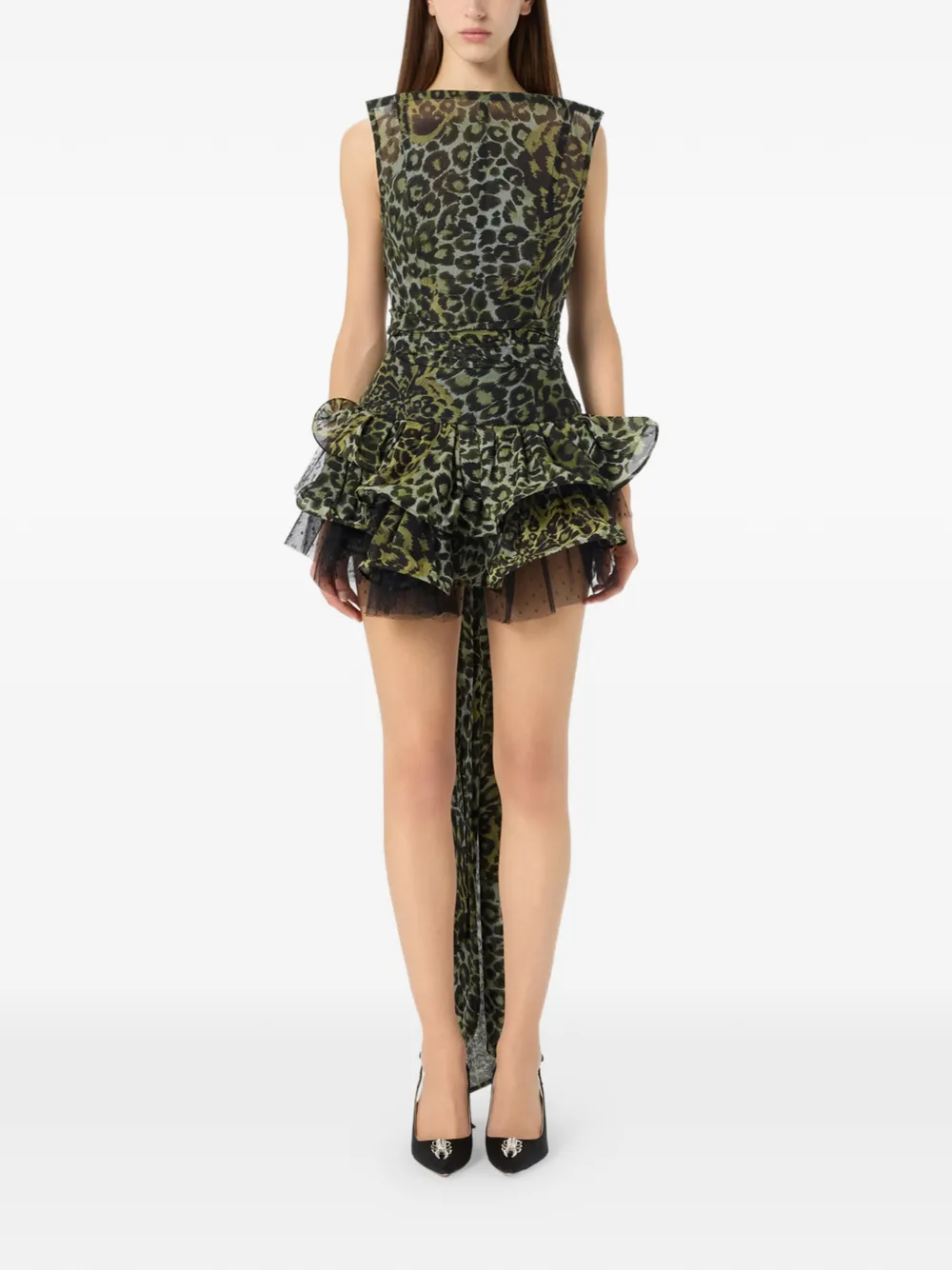 Blumarine Georgette top met dierenprint en ruches Groen
