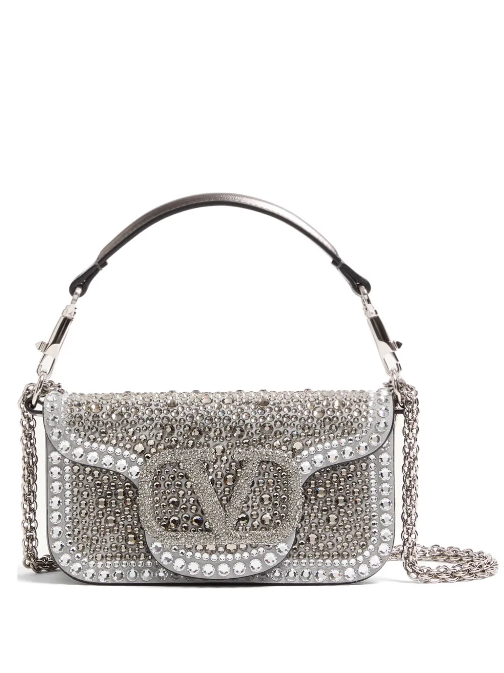 Valentino Garavani Small Locò Shoulder Bag With Rhinestones In Silver