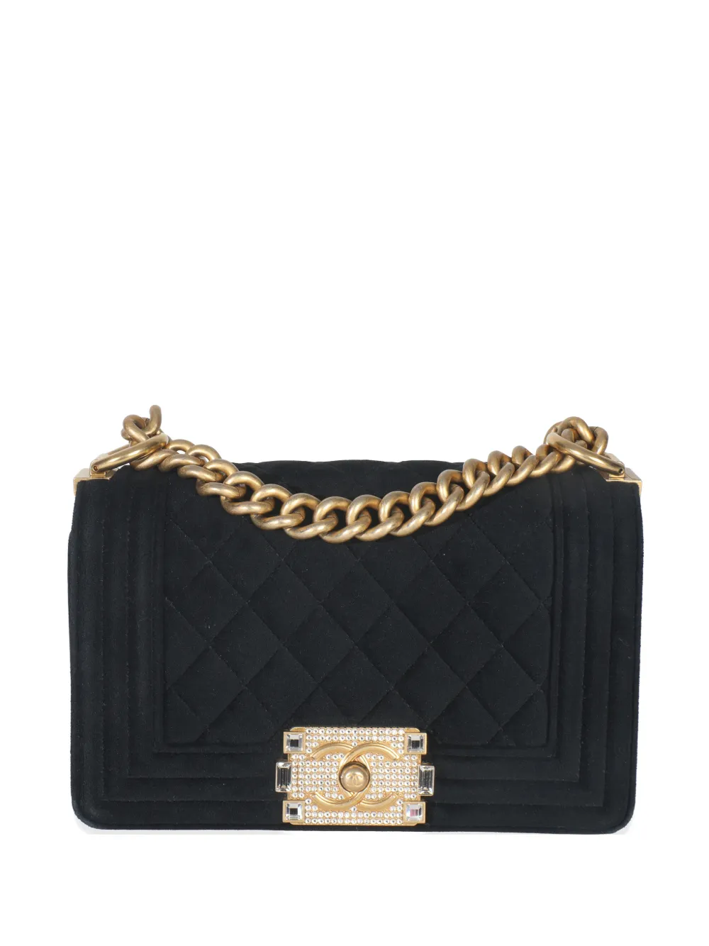 CHANEL Pre-Owned 2020 quilted strass velvet boy crossbody bag - Nero