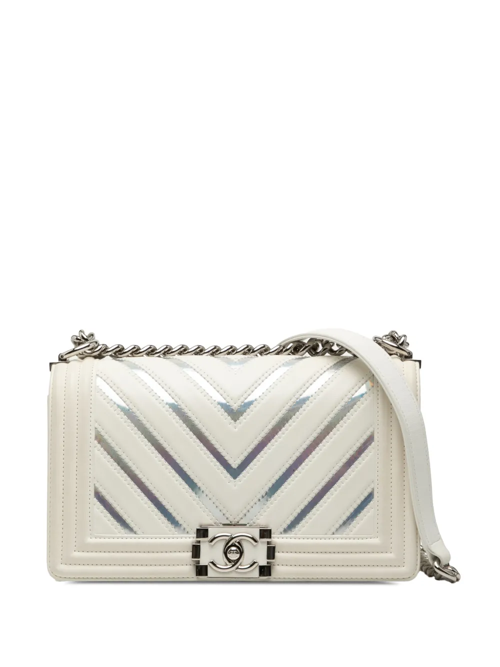 CHANEL Pre-Owned 2018 Old Medium Chevron Lambskin and Iridescent PVC Boy Flap crossbody bag - Bianco