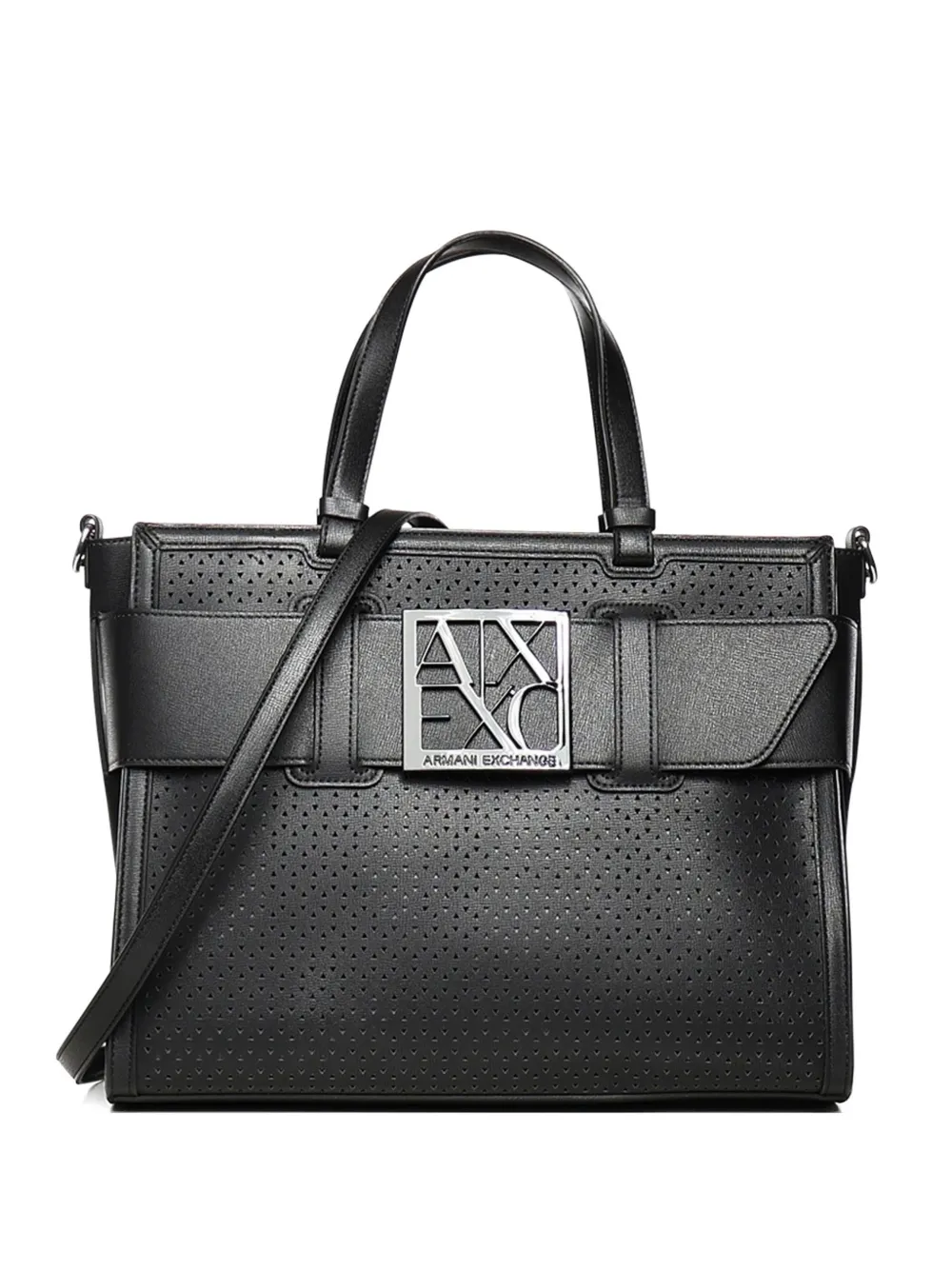 Armani Exchange Borsa a spalla traforata con placca logo - Nero
