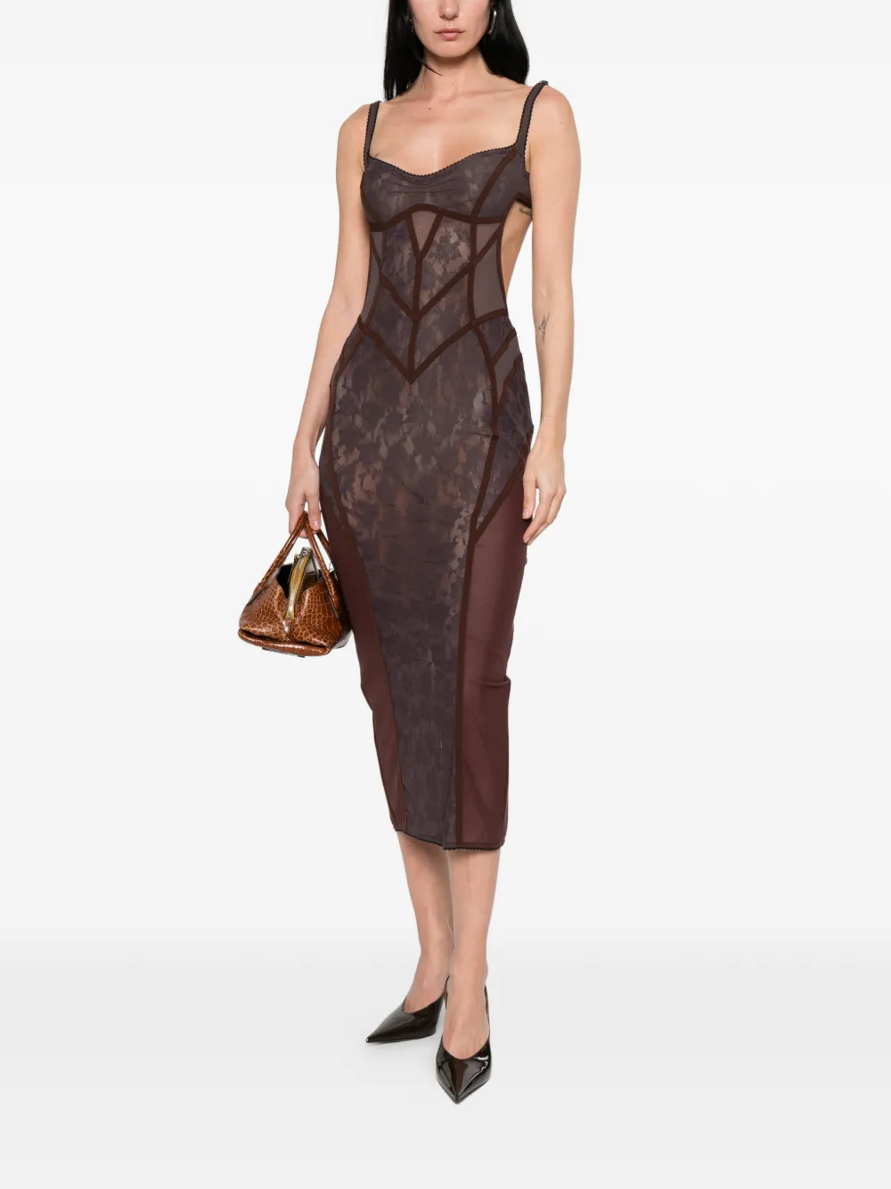 The Attico lace-panelled Midi Dress | Brown | FARFETCH