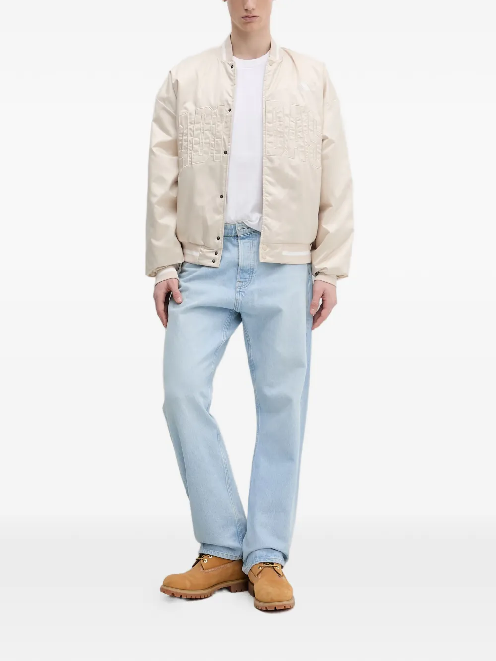 adidas Stadium logo-lettering bomber jacket Beige