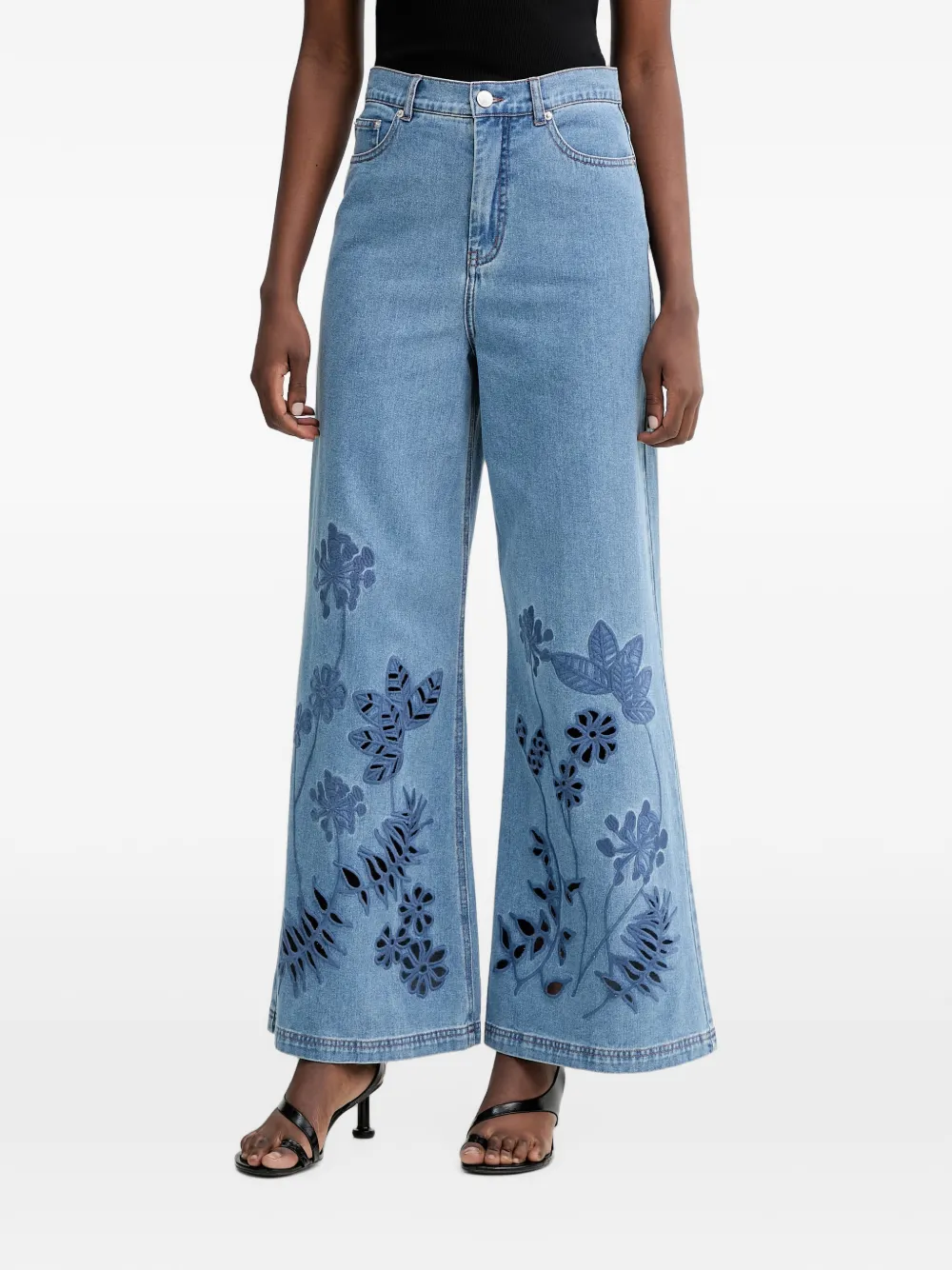 MUNTHE Ecube floral-embroidered cut-out wide-leg jeans - Blu