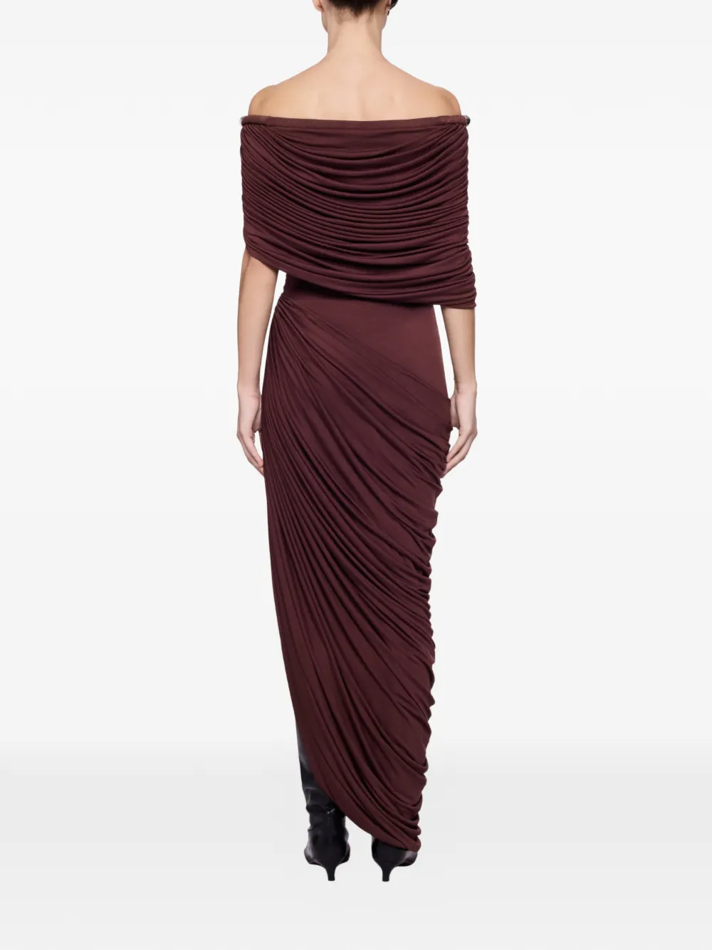 CHATS BY C.DAM Thalyn off-shoulder gedrapeerde midi-jurk Bruin
