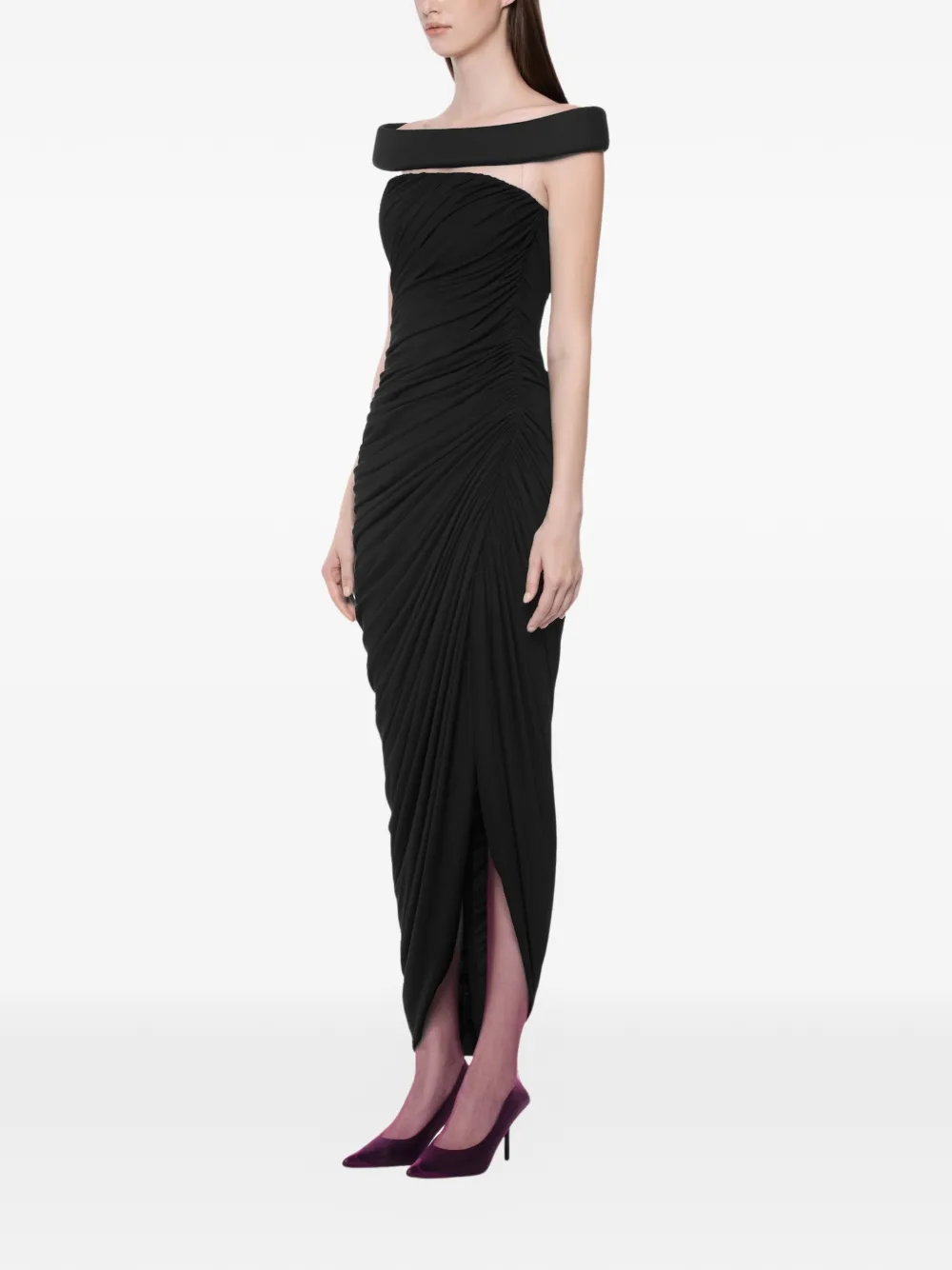 CHATS BY C.DAM Indira off-shoulder gedrapeerde midi-jurk Zwart