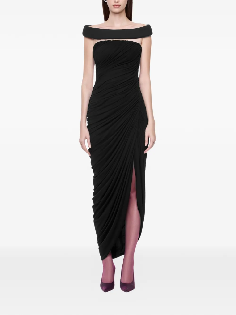 CHATS BY C.DAM Indira off-shoulder gedrapeerde midi-jurk Zwart