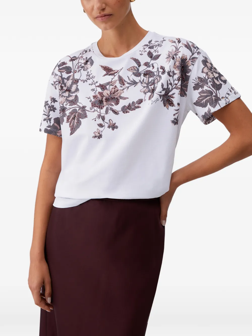 LIU JO rhinestone-embellishment floral print T-shirt - Bianco