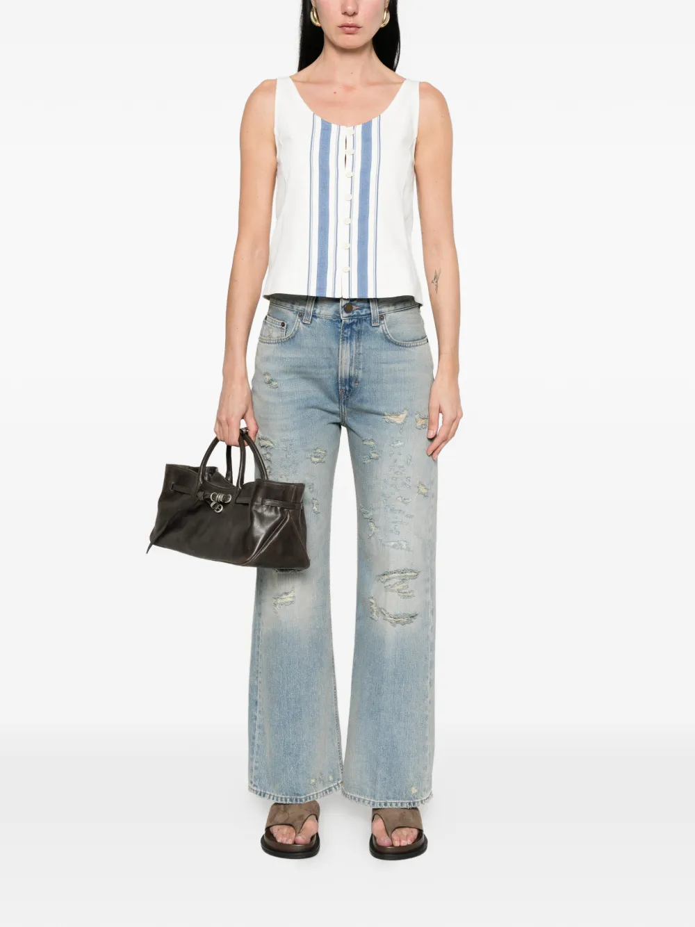  Low Classic Striped Button Top - White 