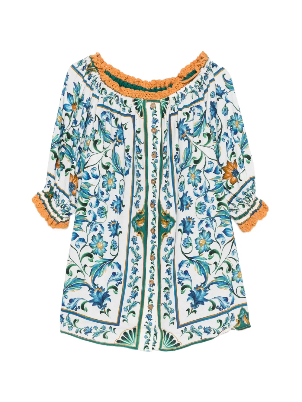 FARM Rio Flora Tile floral-print crochet-trim mini dress - Bianco
